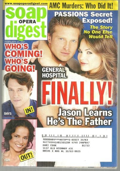 Soap Opera Digest February 27, 2007 Jason and Elizabeth on the Cover