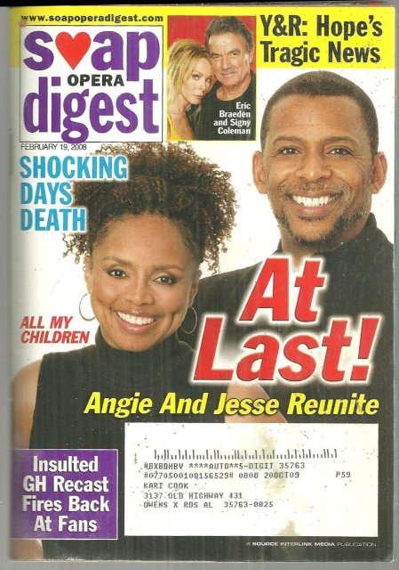 Soap Opera Digest February 19, 2008 Angie and Jessie Reunite At Last on Cover
