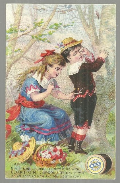 Victorian Trade Card Clark's Spool Cotton With Sister Mending Johnnie's Pants