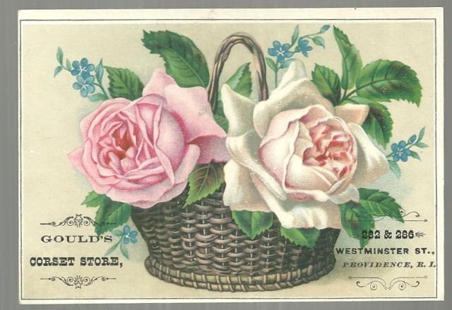 Victorian Trade Card for Gould's Corset Store Rhode Island with Basket of Roses