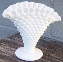 Vintage White Milk Glass Hobnail Large Fan Vase
