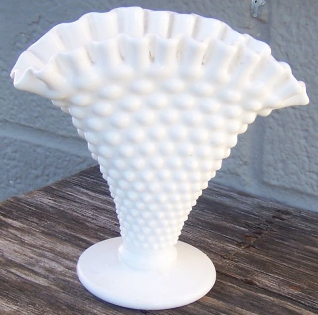Vintage White Milk Glass Hobnail Large Fan Vase