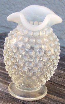 Vintage Anchor Hocking Glass Moonstone Small Vase with Ruffle Top Edge