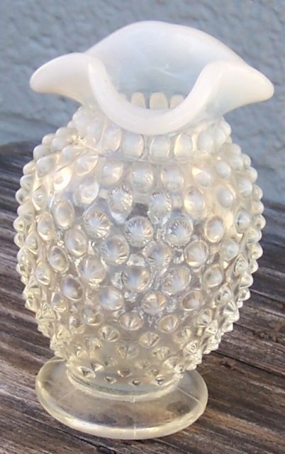 Vintage Anchor Hocking Glass Moonstone Small Vase with Ruffle Top Edge