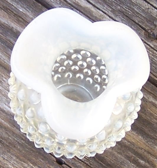 Vintage Anchor Hocking Glass Moonstone Small Vase with Ruffle Top Edge