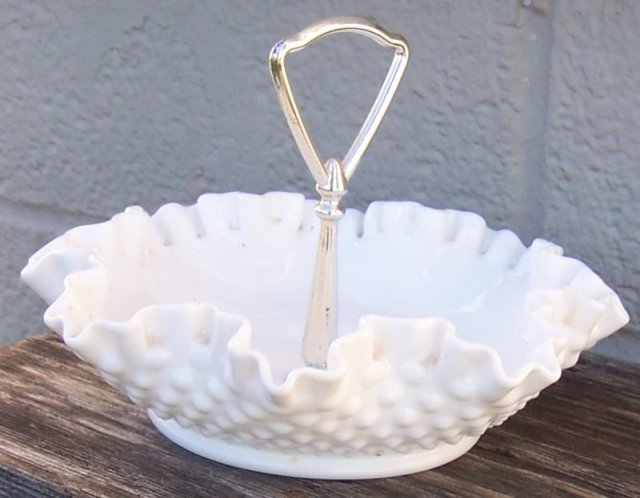 Vintage White Milk Glass Hobnail Serving Dish with Metal Handle