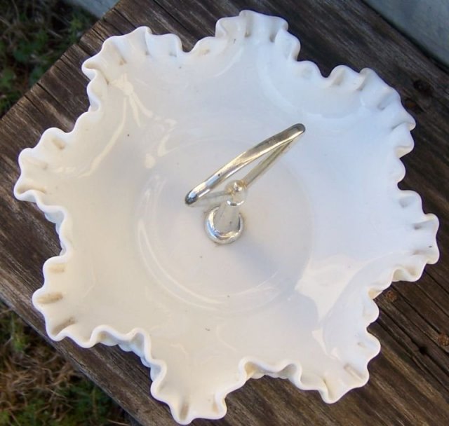Vintage White Milk Glass Hobnail Serving Dish with Metal Handle