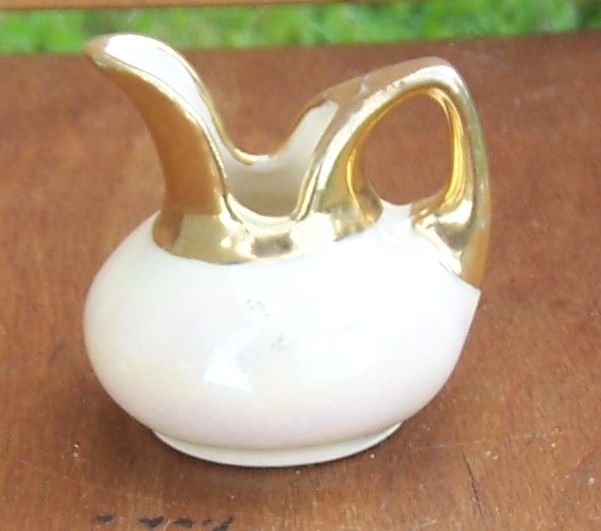 Vintage Miniature Pitcher White Lustre Glaze with Gold Top