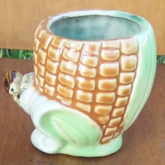 Vintage Pottery Planter Ear of Corn with Brown Bug on Green Leaf