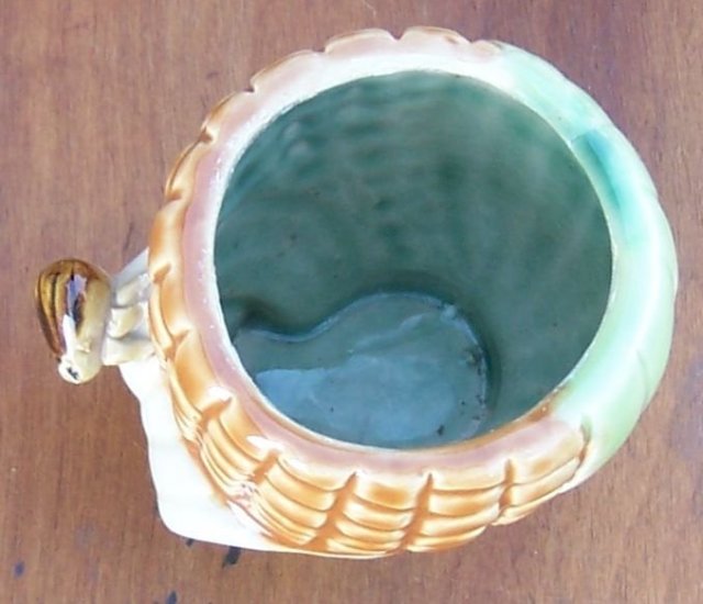 Vintage Pottery Planter Ear of Corn with Brown Bug on Green Leaf