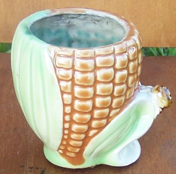 Vintage Pottery Planter Ear of Corn with Brown Bug on Green Leaf