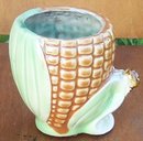 Vintage Pottery Planter Ear of Corn with Brown Bug on Green Leaf
