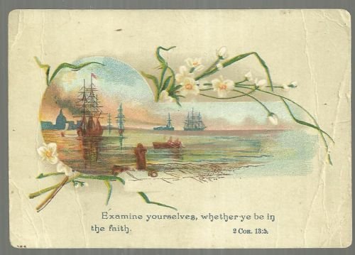 Victorian Prayer Card with Nautical Scene Surrounded by White Flowers