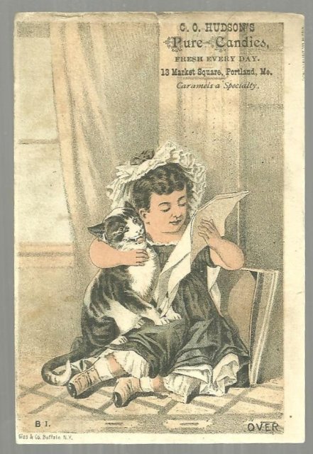 Victorian Trade Card C. O. Hudson's Pure Candies Portland Maine Girl with Cat
