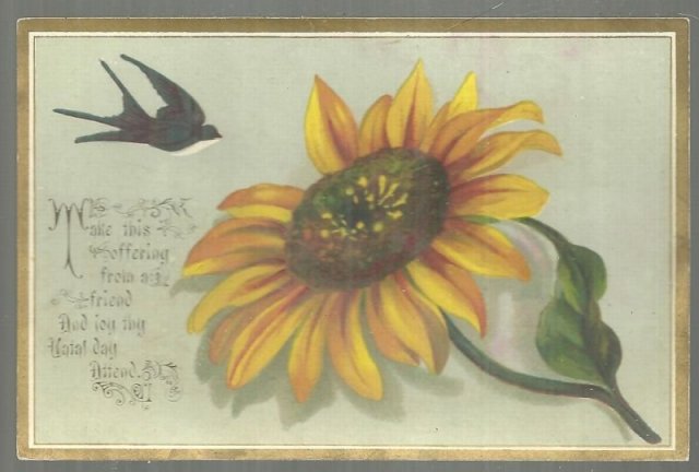 Victorian Birthday Card Offering from a Friend with Bird and Large Flower