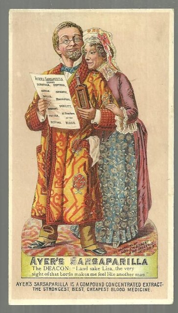 Victorian Trade Card for Ayer's Sarsaparilla The Deacon and Liza Enjoying Health