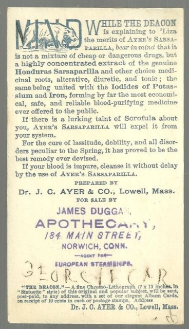 Victorian Trade Card for Ayer's Sarsaparilla The Deacon and Liza Enjoying Health