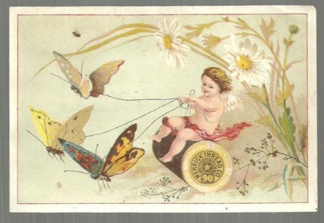 Victorian Trade Card for Merrick Thread Cherub Riding Spool of Thread