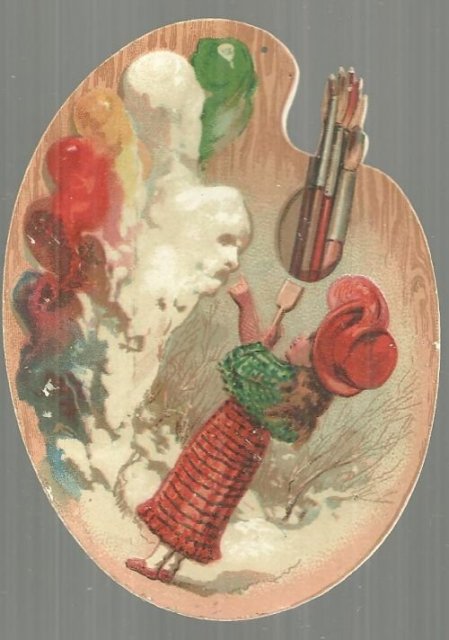 Victorian Artist Palette Die Cut Card for R. H. White & Co Hats With Girl Artist