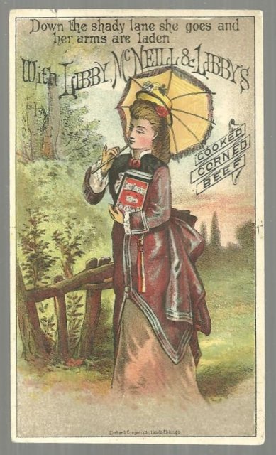 Victorian Trade Card For Libby's Cooked Corned Beef with Lovely Lady Strolling