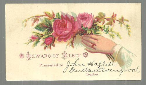 Victorian Reward of Merit with Hand Holding Floral Bouquet and Names