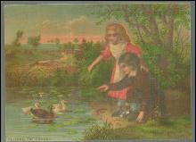 Victorian Print of Little Boy and Girl by Pond Feeding the Ducks