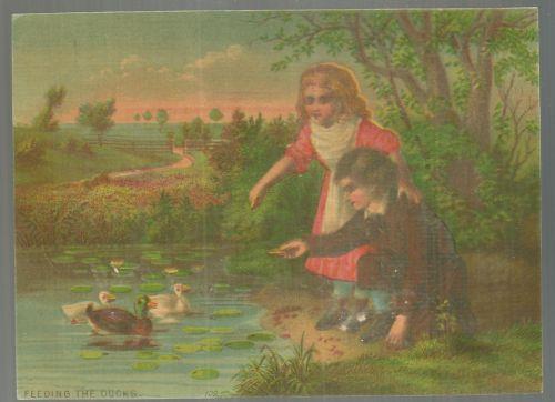 Victorian Print of Little Boy and Girl by Pond Feeding the Ducks