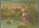 Victorian Print of Little Boy and Girl by Pond Feeding the Ducks