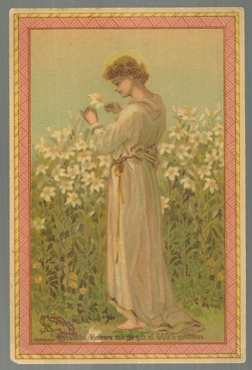 Victorian Picture Card of a Lovely Lady in Garden Beautiful Flowers God's Gift