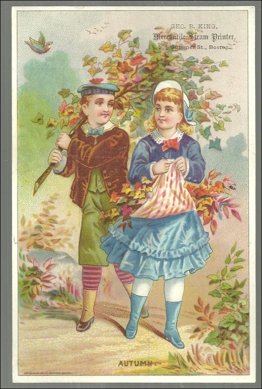 Victorian Trade Card for Geo B. King, Printer, Boston Boy and Girl Autumn