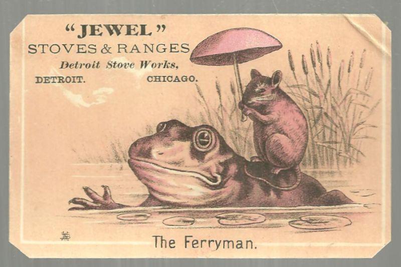 Victorian Trade Card Jewel Stoves and Ranges Detroit Stove Works Frog Ferryman