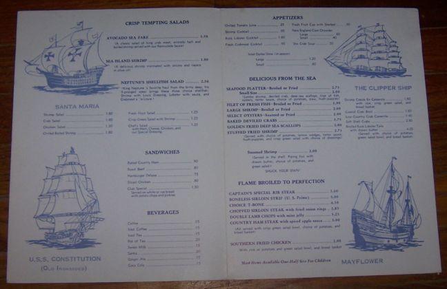 Menu for Sea Captain's House Restaurant and Lodging Myrtle Beach, South Carolina