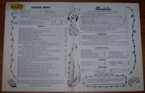 Vintage Menu for Mirabella's Restaurant, Tampa, Florida