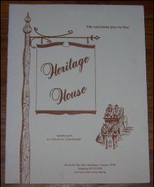 Vintage Menu for Heritage House, Bennington, Vermont