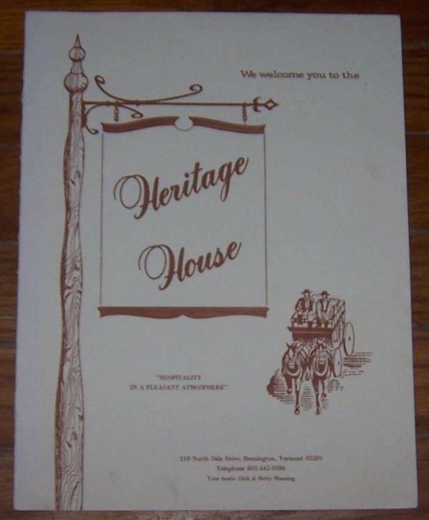Vintage Menu for Heritage House, Bennington, Vermont