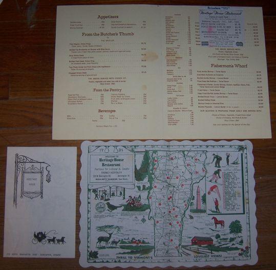 Vintage Menu for Heritage House, Bennington, Vermont