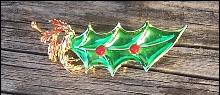 Christmas Enameled Green Leaf Pin with Red Beads