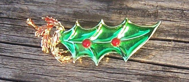 Christmas Enameled Green Leaf Pin with Red Beads