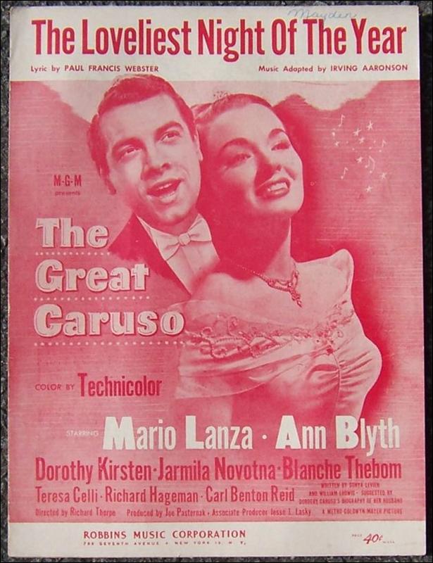 Loveliest Night of the Year Starring Mario Lanza and Ann Blyth 1950 Sheet Music
