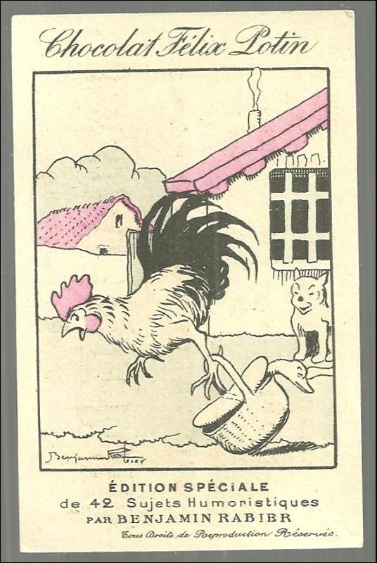 Victorian Trade Card for Chocolat Felix Potin, France Rooster with Dog