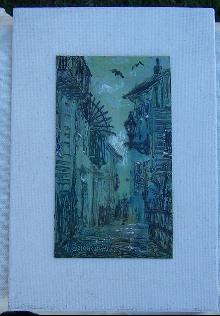 Vintage Signed Matted Green and Black Painting of Street Scene