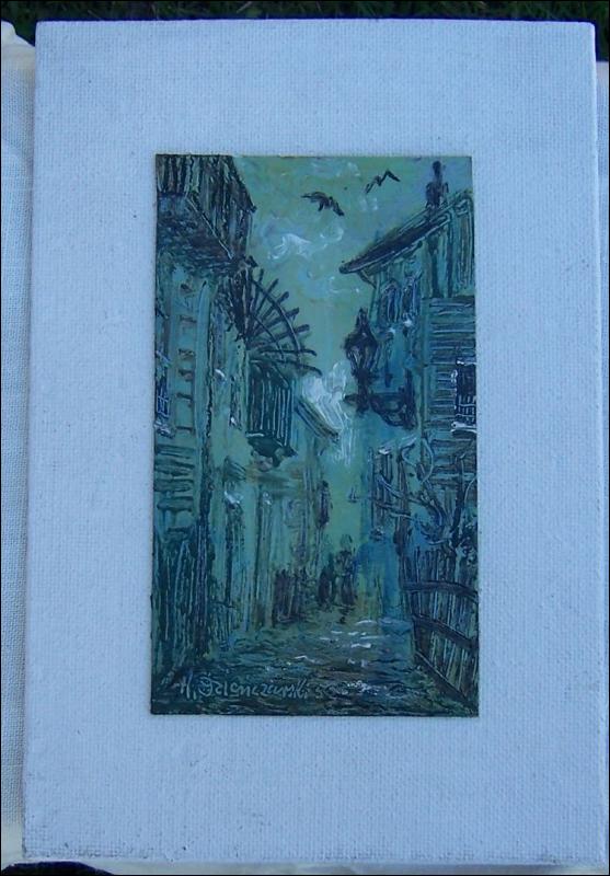 Vintage Signed Matted Green and Black Painting of Street Scene