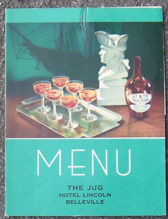Vintage Menu From The Jug Restaurant, Hotel Lincoln, Belleville, Illinois