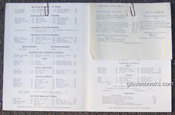 Vintage Menu From The Jug Restaurant, Hotel Lincoln, Belleville, Illinois