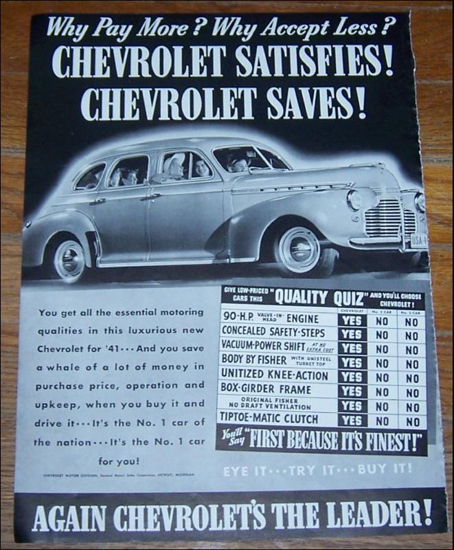 1941 Chevrolet World War II Life Magazine Advertisement Chevrolet Satisfies