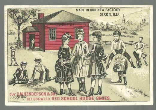 Victorian Trade Card for Red School House Shoes with School Children Playing