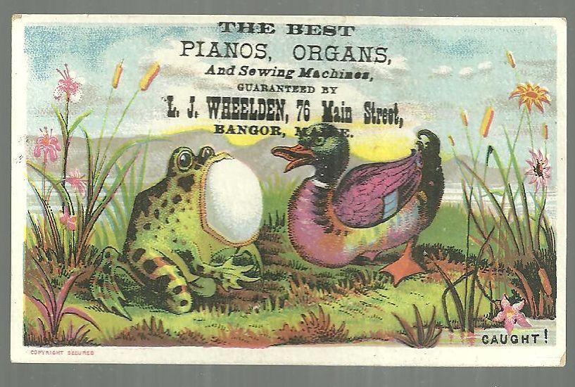 Victorian Trade Card for L. J. Wheelden Pianos With Frog Swallowing Egg w/Duck