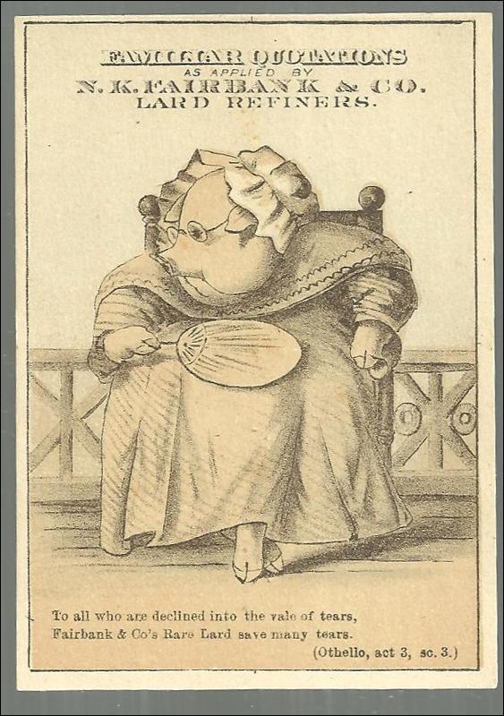 Victorian Trade Card For N. K. Faribank Lard Refiners Pig with Shakespeare Quote