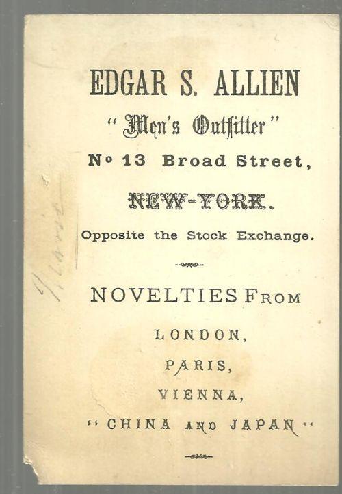 Victorian Trade Card for Edgar S. Allien Men's Outfitter Sailor Dancing La Gigue