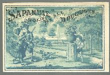 Victorian Trade Card for Sapanule With Courting Couple in Garden Shot by Cupid